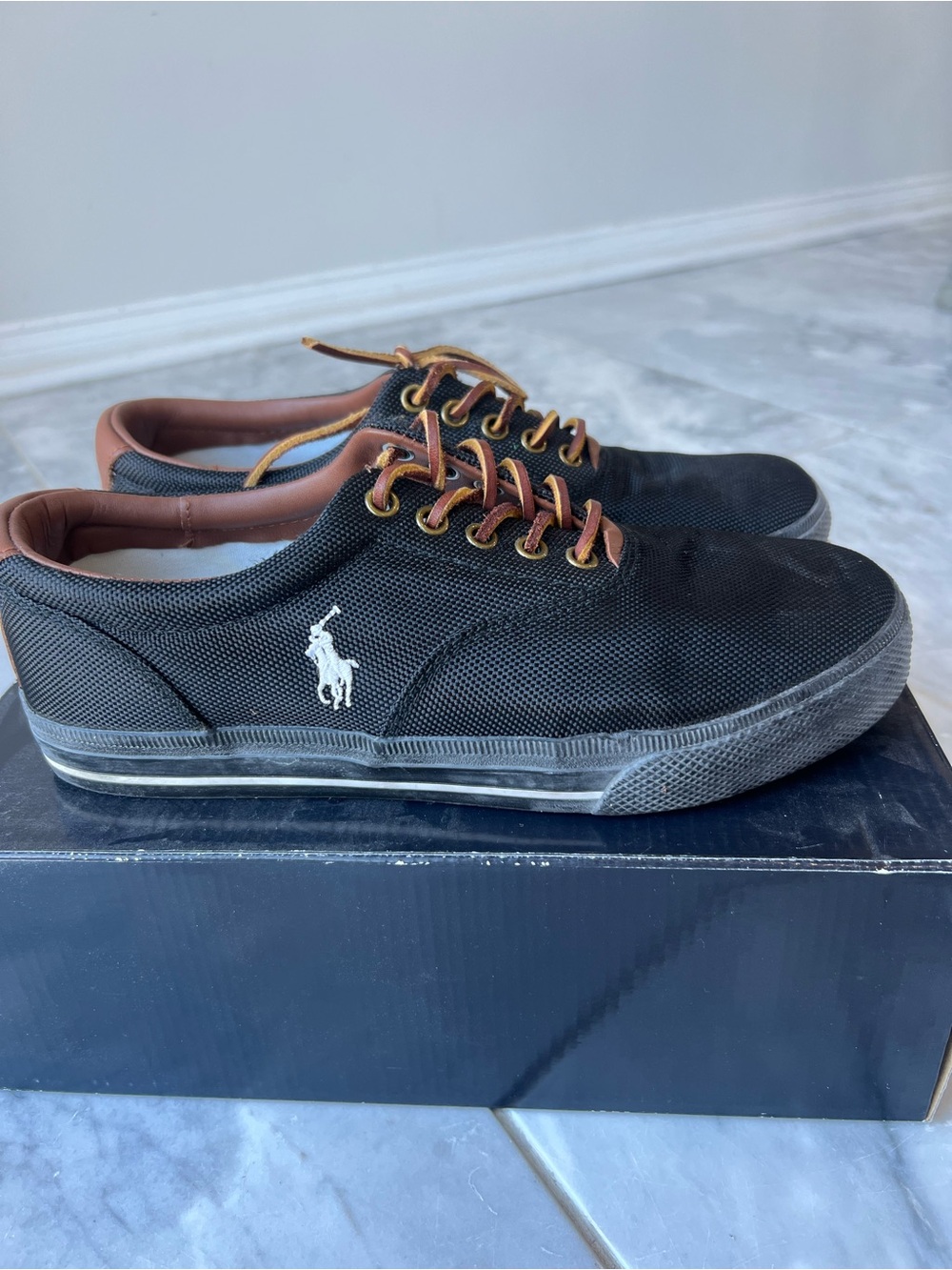 Ralph Lauren Black Canvas Low-Top Sneakers with Brown Trim